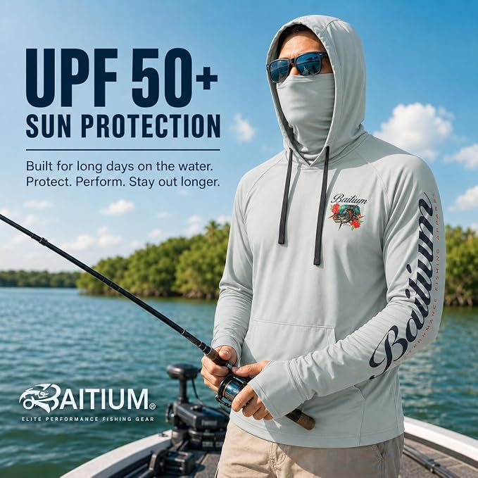 Fishing Shirts for Men,UPF50 Hooded Long Sleeve with Gaiter, Sun Protection Dry Fit Apparel, Face Mask, Fishing Clothes