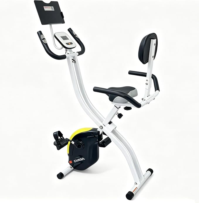 Folding Exercise Bike, Foldable Upright Stationary Bike, Indoor Cycling Magnetic X-Bike with 16-Level Electronic Resistance, Back Support Cushion for Home Gym
