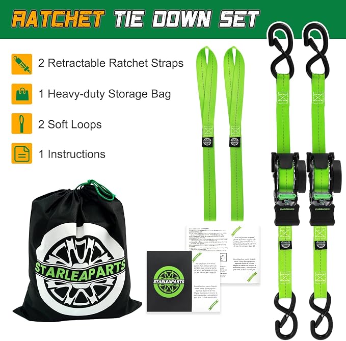 STARLEAPARTS Retractable Ratchet Straps(2PK 1.0INX12FT) - 1,500lb Break Strength, Ratchet Strap Heavy Duty with Rubber Coated Handle, Perfect Auto Ratchet Straps for Motorcycle, Kayak and Trucks
