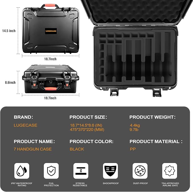 Pistol Gun Case for Multi Handguns - Hold Multiple Pistols & Magazines, Pre-cut Waterproof Hard Shell Gun Box, TSA Approved Pistol Case for SIG Sauer, Smith & Wesson, for Colt, for Revolver, for Glock