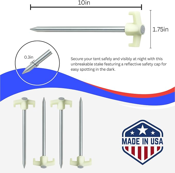 10" Glow in the Dark Tent Stakes - Unbreakable Rebar Stakes, Metal Stakes Heavy Duty, Camping Spikes with High Impact, 5/16" Diameter Corrosive Resistant Ground Anchor, Made in USA Metal Tent Anchors