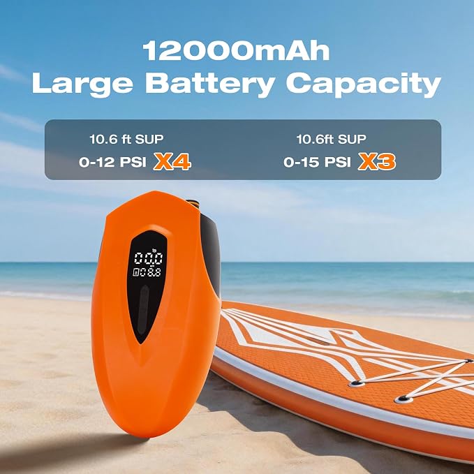Rechargeable Paddle Board Electric Pump 12000mAH, 20PSI High Pressure SUP Pump, Intelligent Dual Stage Inflation & Deflation, Auto-Off, for Stand Up Paddleboards, Tent, Boat, Air Mattress
