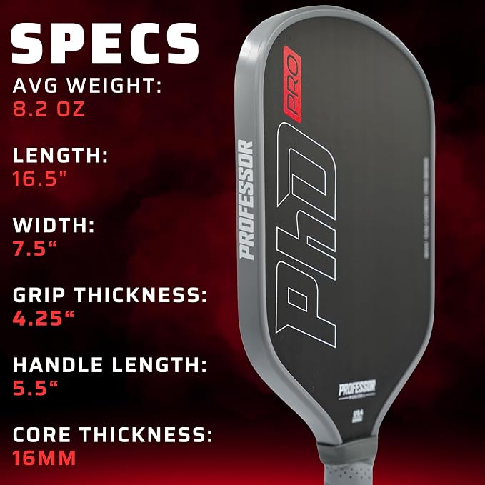 Professor PhD Raw Carbon Fiber Premium Pickleball Paddle Racket - USA Pickleball Approved - Honeycomb Core - Power & Control
