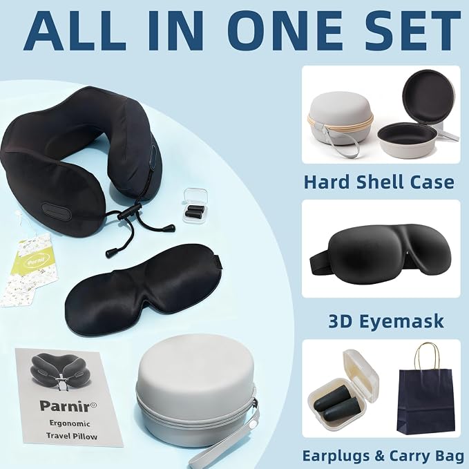 Ergonomic Travel Neck Pillow for Airplane, Memory Foam Support for Long Haul Flight Headrest, Soft Compact U Shaped for Adult Men Plane Sleeping, Portable Carry Box, Eyemask, Earplugs, Size L