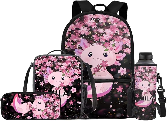 Axolotl Backpack for Girls School Bag with Lunch Bag Pencil Case Water Bottle Holder Large Capacity Boys School Bookbag Lightweight Daypack for Travel Picnic Rucksack Knapsack Set 4 in 1