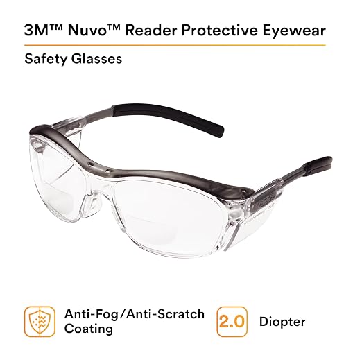 3M Safety Glasses with Readers, Nuvo Readers, +2.0 Diopter, Pack of 1, ANSI Z87, Clear Lens, Gray Frame, Soft Nose Bridge, Side Shields