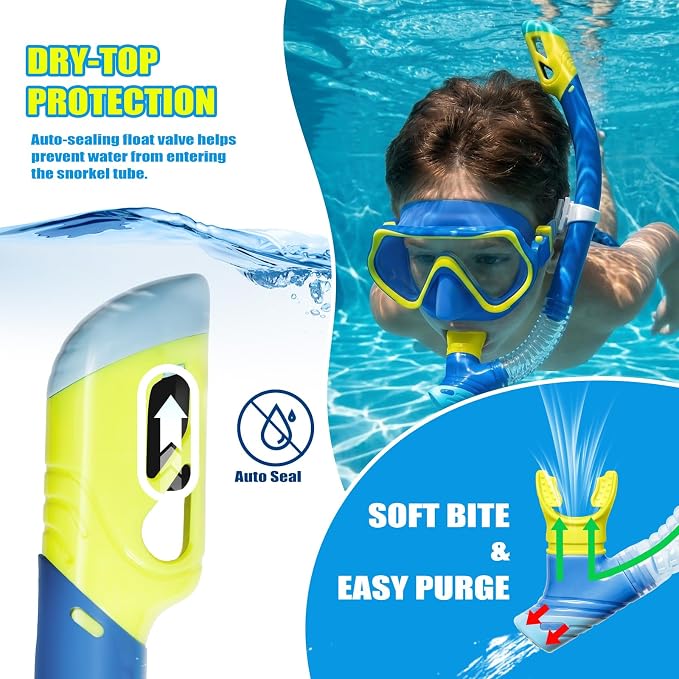DRMAWIN Snorkeling Gear for Adults & Kids, Dry-Top Snorkel Set with 180° Tempered Glass Mask, Anti-Fog Anti-Leak, Travel Mesh Gear Bag