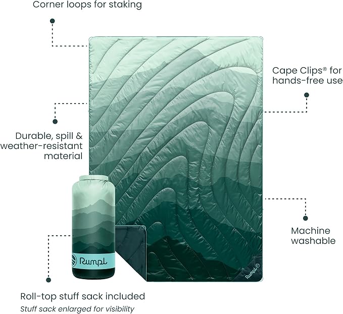 Rumpl Original Puffy 1-Person Blanket for Camping and Outdoors, Cascade Fade - Green