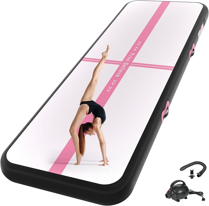 Pink Gymnastics Mat Inflatable Tumble Track Mats 10/13/16/20ft Training Mats for Home Air Mat for Kids with Pump 4”/6” Thick for Cheerleading/Yoga/Exercise/Parkour/Beach/Park/Water