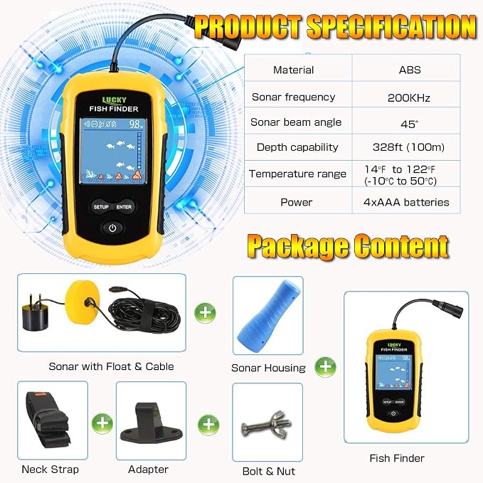 LUCKYLAKER Ice Portable Fishing Fish Finder Wired Handheld Fishing Finders Kayak Sonar Sensor Fish Finder Transducer Depth Finder LCD Monitor for Boat Canoe