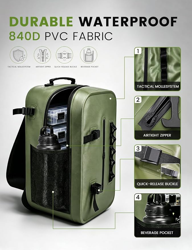 Floating Fishing Backpack IP68 Waterproof Submersible Zipper, Tackle Backpack Fits 2-3 3700 Tackle Boxes, 840D PVC Tackle Backpack with 3 Rod Holders, Fishing Accessories Gift for Men & Women