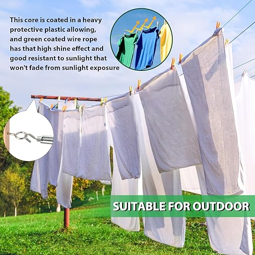 50Ft Clothes Line Outdoors, Green PVC Coated Steel Cable Clip Kit, Multi-use Turnbuckles for Cables Wires/Clothesline Wire/Grape Vine/String Light Hanging Kit