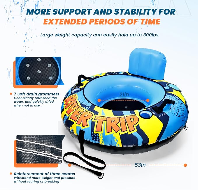 53" Heavy Duty River Tube With Premium Canvas Cover, Inflatable Water Tubes for Floating, Tubing Floats for Pool Lake, Rafts With 2 Cup Holders, 2 Grip Handles for Adults