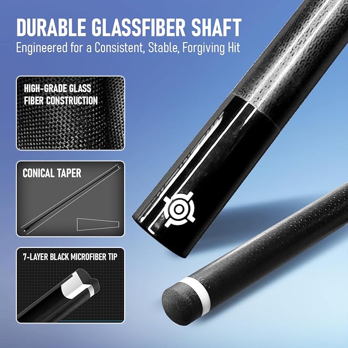Series, Glass Fiber Pool Cue Stick, Uni-QR, 3/8-10, 5/16-18 Joint, Synthetic Leather Grip, 29" Glassfiber Shaft, 7-Layer Microfiber Tip