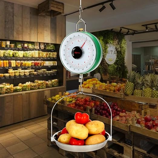 Tada 22LBS Double-Sided Display Mechanical Hanging Scale with Weighing Pan for Farm, Kitchen Food and Produce Weighing