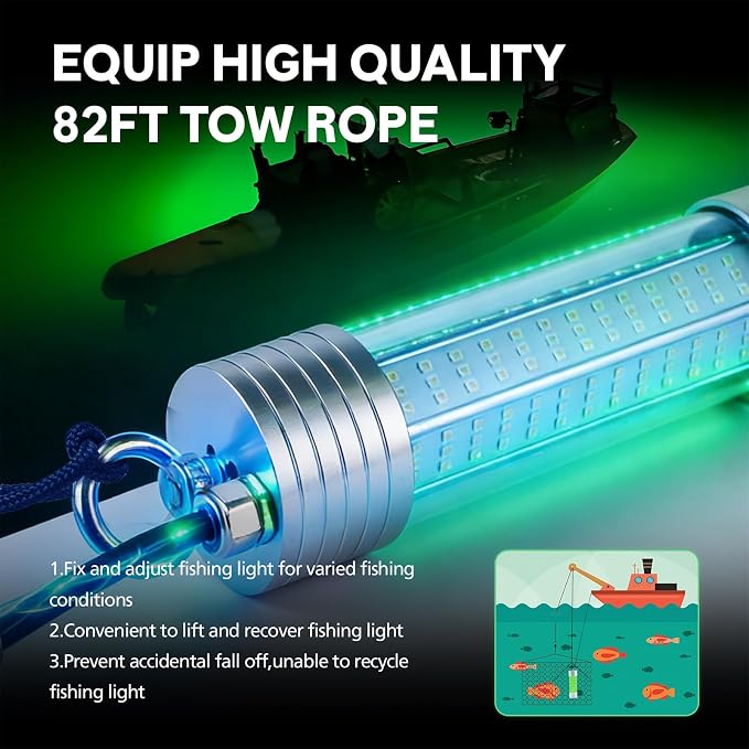 150W 20000LM Green Underwater Fishing Light,Submersible LED Light with Tow Rope for Dock Boat Shore Night Fishing,Fresh & Salt Water Fish Attractor Light 33ft Cable