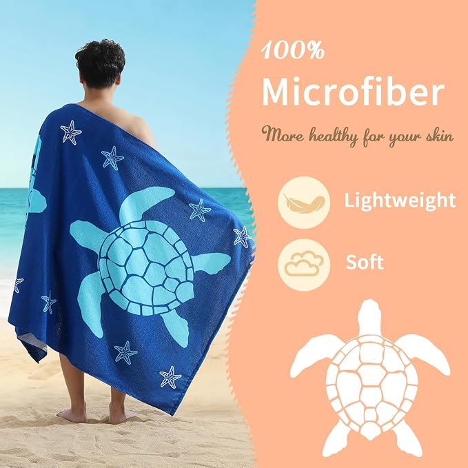 Belista Oversized Beach Towels 4 Pack,40”x70” Microfiber Thin Large Beach Towel Set for Adults Travel Camping Swimming,Turtle Starfish Them Sand Free Quick Dry Lightweight XL Pool Towels,Orange & Navy