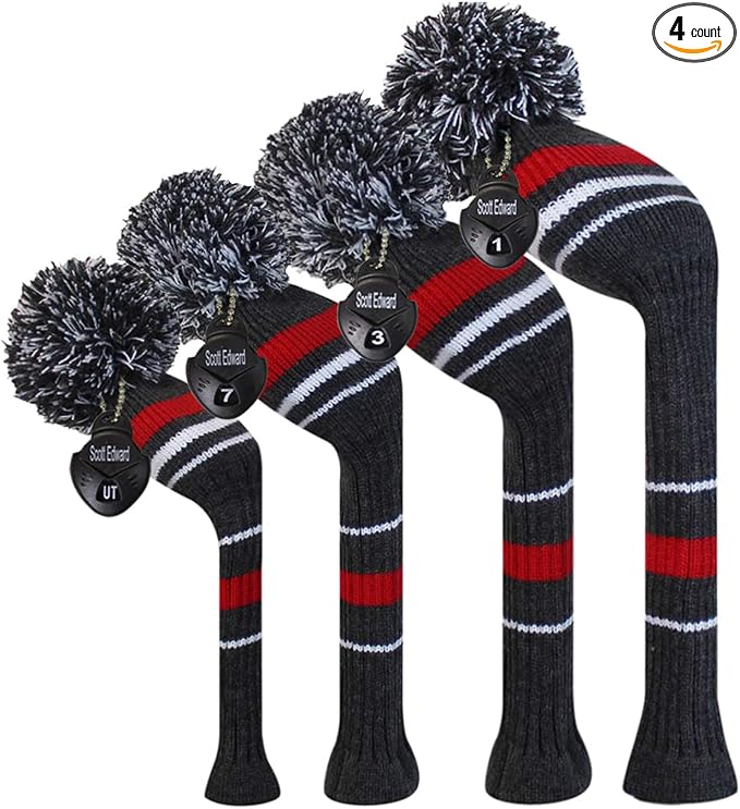 Scott Edward Golf Club Head Covers Set of 4, Acrylic Yarn Double-Layers Knitted, with Rotatable Number Tags