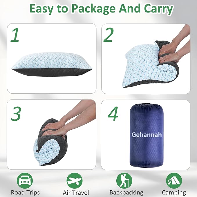 Travel Pillow - Compressible Camping Pillow for Sleeping, Shredded Memory Foam Pillow with Storage Bag Compact Supportive (Grey, Large(2 Pack))