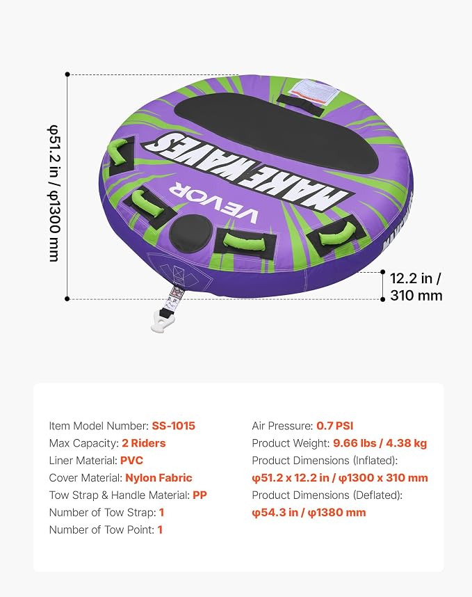VEVOR Towable Tubes for Boating, 1-4 Riders Inflatable Boat Tubes & Towables, 340-680 lbs Capacity, Multiple Sizes with Full Nylon Cover, Padded/EVA Handles, Fins & Safety Valve (Multi-Option)