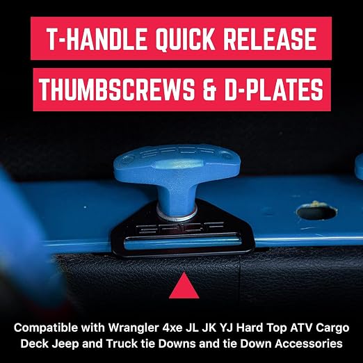 GPCA – Quick Release Tie Down Anchor/T-Handle M8 25mm Screw & D-Plate Set for Ford Bronco Hard Top Removal, Truck Bed Tie Down Anchors, Jeep Accessories, Cargo Tie Down Hooks w/nut 6 Pack (Blue)