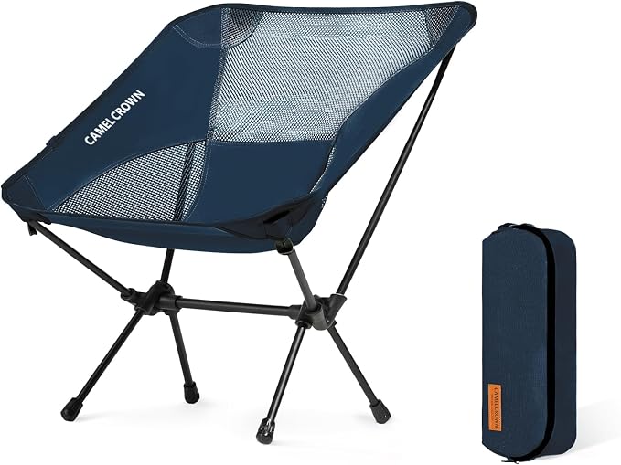 CAMEL CROWN Portable Camping Chair Lightweight Compact Folding Chair Mesh for Outdoor Camp Travel Beach Picnic Festival Hiking Backpacking Navy Blue