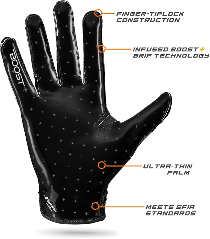 Grip Boost Football Gloves - Solid Stealth 6.0 Boost Plus Sticky Technology - Adult and Youth Football Gloves for Wide Receiver - Men's and Boys Sizes