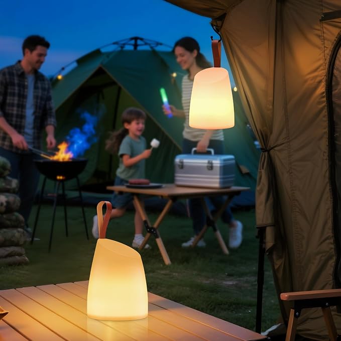 uuffoo 2 Pack Portable Outdoor Table Lamp LED Camping Lantern, Rechargeable Table Lamp with Remote, RGB & Warm White, IP44 Water-Resistant, Timer & Memory, Hanging Lantern for Patio, Garden, Camping