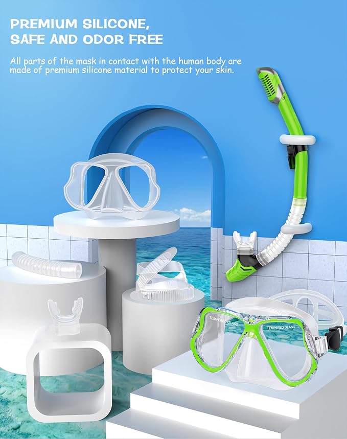 Greatever Dry Snorkel Set,Panoramic Wide View Anti-Fog Scuba Diving Mask,Professional Snorkeling Gear for Adults Kids