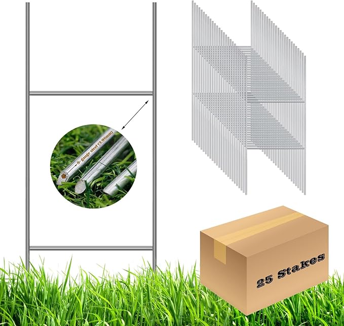 25 Pack H Frame Wire Stakes 30 x10 inch 9 Gauge Galvanized Wire -Yard Sign Stakes Fit for 4mm, 5mm Corrugated Signs, Heavy Duty Metal Step Stakes