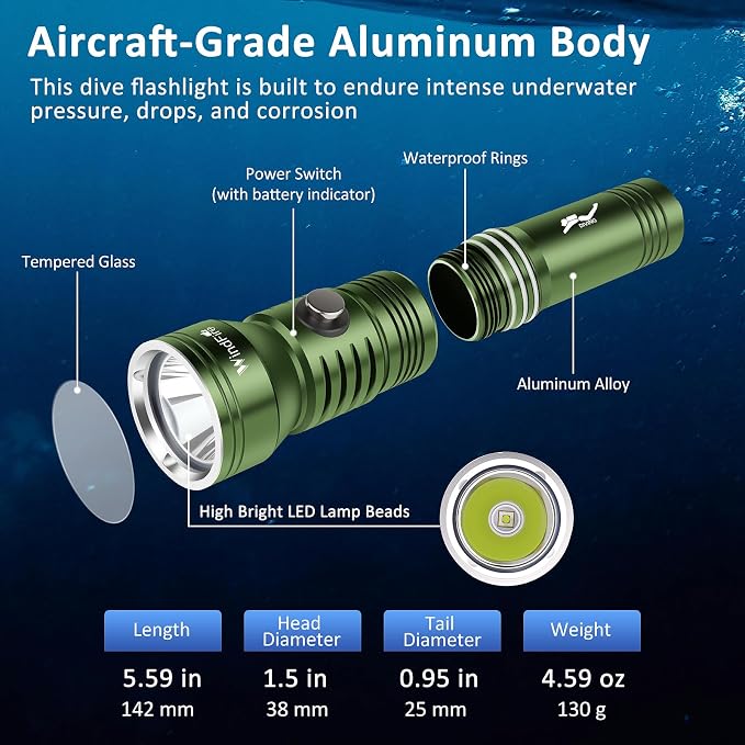 WINDFIRE Dive Light Scuba Diving Flashlight, IPX8 Waterproof 210 Feet Underwater Flashlight with Power Indicator & 4 Modes, Aluminum Submersible Torch for Deep Sea Diving and Snorkeling