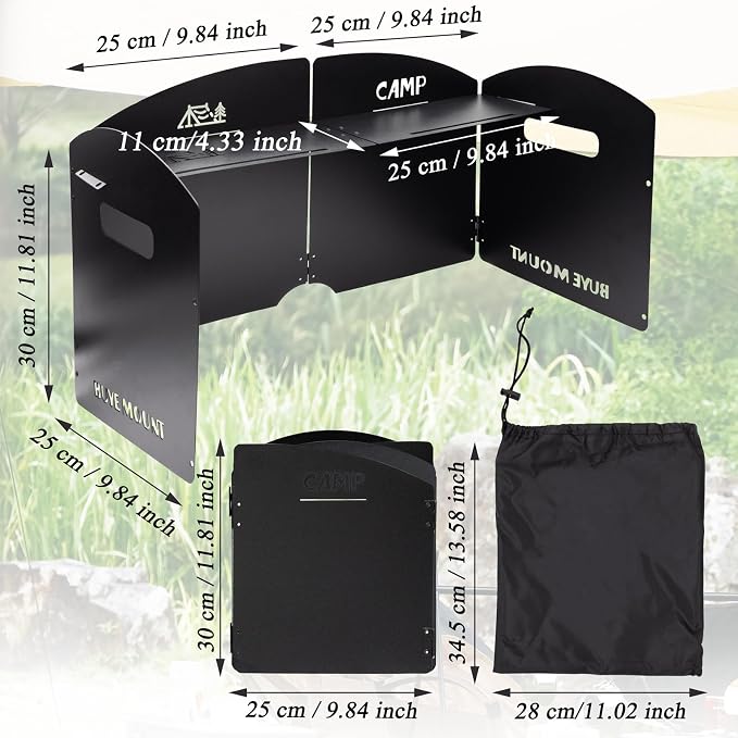 Camping Stove Windscreen Steel Camp Stove Windscreen 4 Plates Steel Folding Camping Stove Windshield with a Storage Bag and Compartment for Camping, Hiking, Picnic, Backpacking, Cooking (Black)