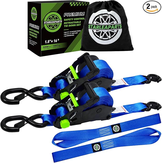 Retractable Ratchet Straps (2pk) -Patented | 1.5 in x 16 ft Heavy Duty Auto Ratchet Straps with Soft Loops | Perfect Automatic Tie Downs for Motorcycle,Kayak and Truck | Break Strength 5,000LBS/2268KG
