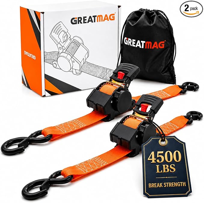 Auto Retractable Ratchet Tie-Down Straps 4500 lbs, 2in × 10ft Self-Retracting Ratchet Strap, Heavy Duty S-Hooks, Retract Strap System for Cargo, Trucks, Trailers, Orange, 2 Pack, Damped Rewind