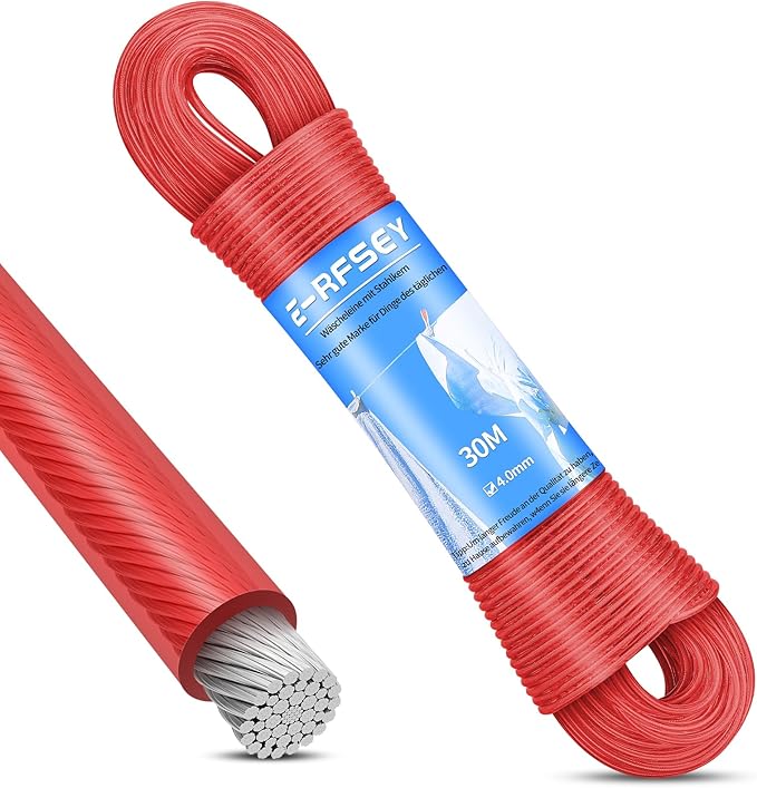 30M Steel Core Outdoor Washing Line Heavy Duty Super Washing Line Load 220kg Rust Proof Waterproof Garden Washing Line (Diameter 4mm, Red)