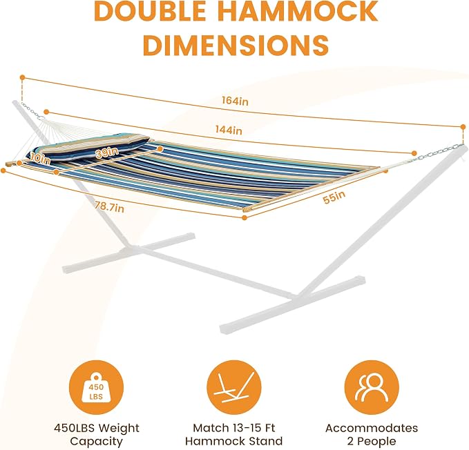 Lazy Daze Hammocks 12 FT Quilted Fabric Double Hammock with Spreader Bars and Detachable Pillow, 450lbs Weight Capacity