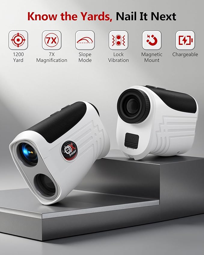 Golf Rangefinder with Slope Switch, Rechargeable Range Finder with Flag Lock Vibration, 7X Magnification Golf Rangefinder 1200 Yards, Portable with Magnetic Stripe – Tournament Legal