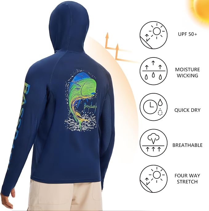BASSDASH Men’s UPF 50+ Graphic Fishing Hoodie Shirts with Mask Pocket UV Long Sleeve Moisture Wicking FS47M