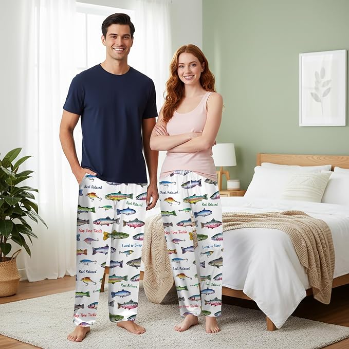 GNEW Fish Pajama Pants – Funny Fishing Lover Sleepwear, Cozy Unisex Lounge Pants Gift for Men Women