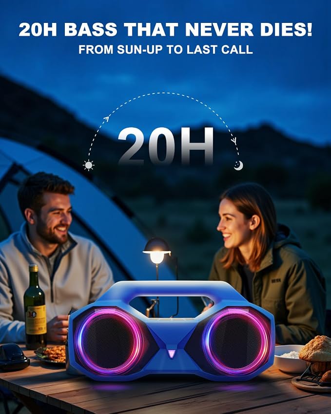 OZJ Bluetooth Speaker Outdoor Loud: 80W(Peak) with Bass, Portable Wireless Speaker with IPX7 Waterproof, 20H Playtime, RGB Lights, TWS for Outside, Beach, Work (Blue)