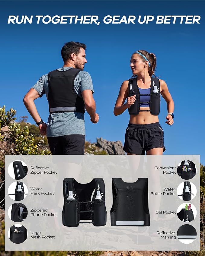 Running Vest for Women Men, Lightweight Reflective Hydration Vest with 500ML Soft Flask, Adjustable Running Backpack Run Vest Water Bottle for Runner Marathon