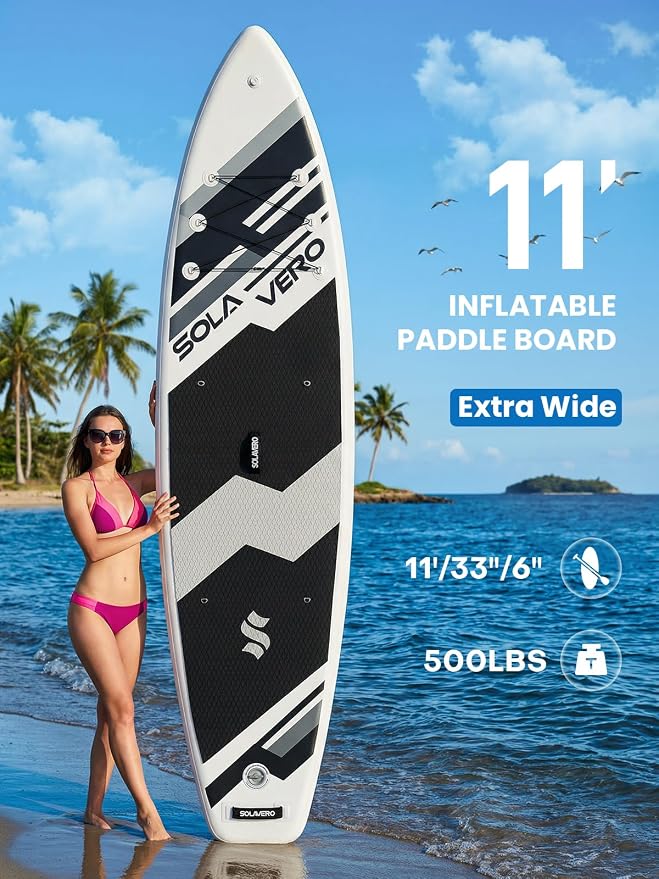 SOLAVERO Stand Up Paddle Board, 11‘ Inflatable SUP Supports 500LB - Wide Stable Board with Non-Slip EVA Deck for Adults & Youth of All Skill Levels