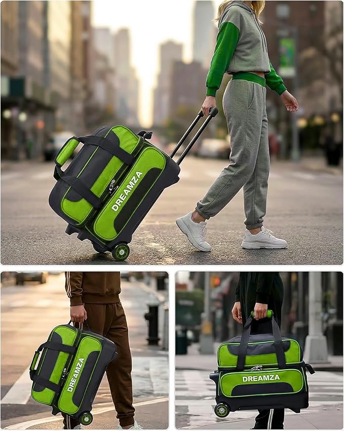 2 Ball Bowling Bag with Wheels, Double Bowling Ball Bag 2 Ball Roller w/Separate Compartment for Shoes Up to US Mens Size 16, w/Retractable Handle Extends to 40" & Accessories Pocket
