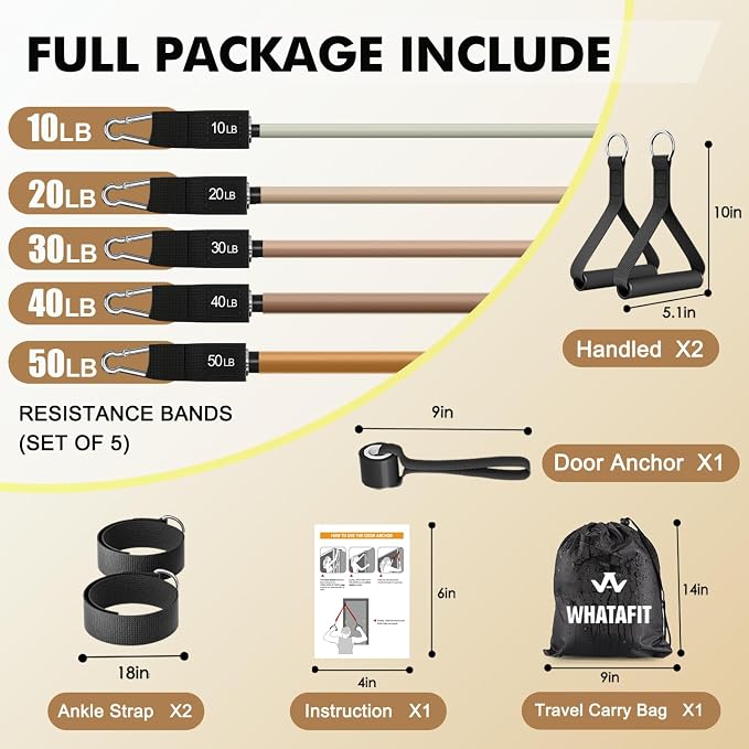 WHATAFIT Resistance Bands, Exercise Bands, Workout Bands with Handles, Door Anchor and Ankle Straps, 5 Resistance Levels Fitness Bands for Strength Training, Physical Therapy, and Home Gym Equipment