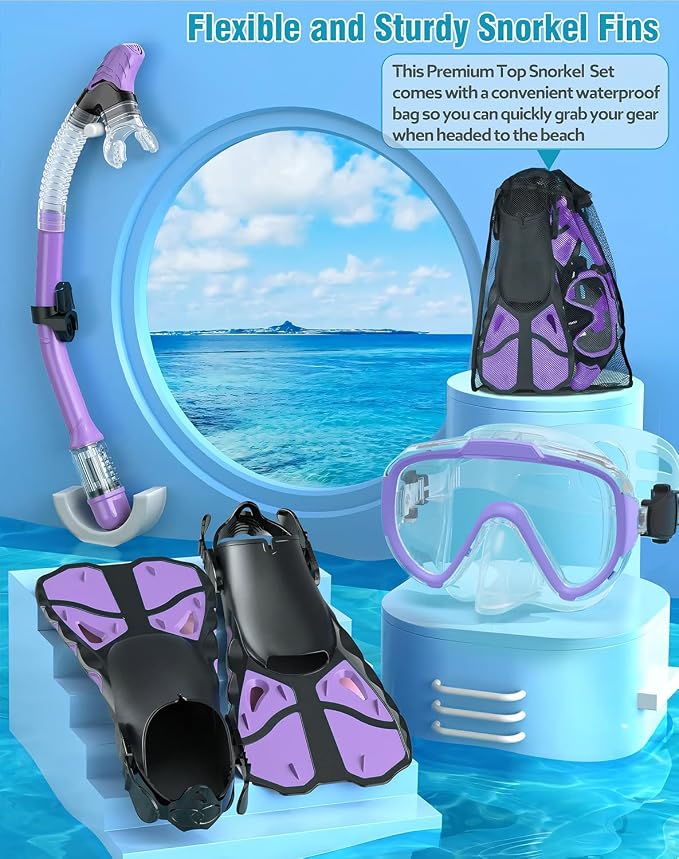 Snorkel Set with Fins for Adults, Snorkeling Gear for Adults Men and Women, Snorkle, Mask Set Adults Dry Top Snorkel Mask Combo Set with Travel Bag for Snorkeling, Diving, Swimming