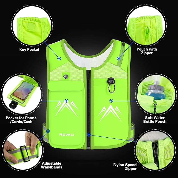 REVALI Running Vest, USA Original Patent, Zip Reflective Running Vests with 500ml Hydration Bottle, Adjustable Waistband & Breathable Material, Chest Pack Gear Phone Holder for Men & Women
