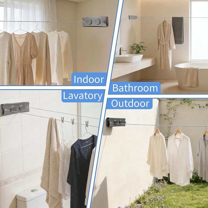 Premium Upgraded Heavy Duty Retractable Clothesline Indoor 16.7Ft Wall Mounted Invisible Clothes Line for Laundry Room & Bathroom | Space Saving Compact Travel Drying Rack for Balcony, Apartment & RV