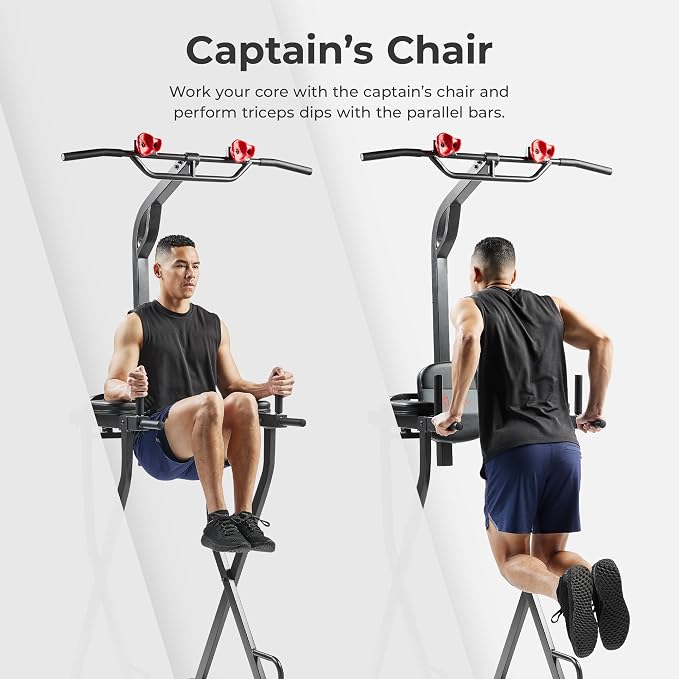 Sunny Health & Fitness Power Tower Dip Station & Pull-Up Bar, Multi-Function Strength Training Equipment with Captain’s Chair, Push-Up Bars & Core Workout for Home Gym