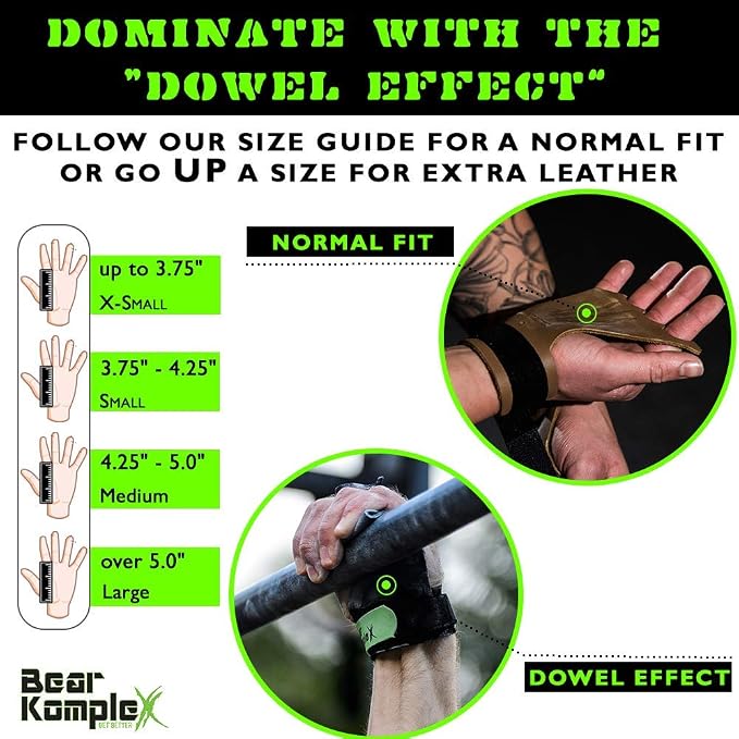 Bear KompleX 2 Hole Leather Hand Grips for Workouts, Pull-ups, Weightlifting, WOD Gymnastics, Crosstraining Palm Grips with Wrist Wraps, Hand Protection from Rips and Blisters,1 Pair