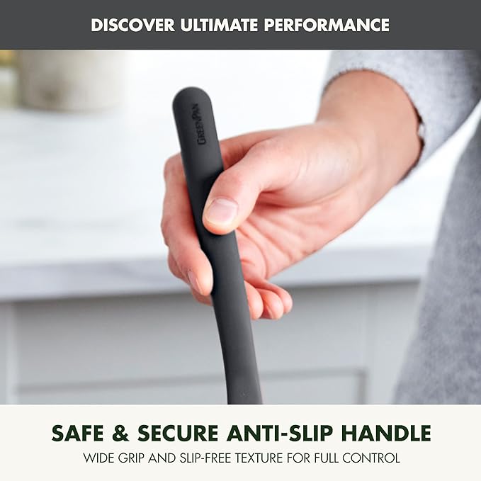 GreenPan Silicone Solid Turner Spatula, Flipping Cooking Kitchen Utensil, Flexible Rubber Nonstick Cookware, Rigid Steel Core, Heat-Resistant, Anti-Slip Handle, BPA-Free, Dishwasher Safe, Gray